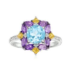 A top-rated jeweler since 1952, Ross-Simons travels the world to find high-quality styles at the best prices. Add bright color to your ensemble with this ring! The piece boasts a 1.50 carat sky blue topaz round highlighted by .50 ct. t.w. marquise amethysts and .10 ct. t.w. square citrines with white topaz accents in polished sterling silver. 5/8" wide. Multi-gemstone ring. Each Ross-Simons item arrives in a fine jewelry presentation box. Shop Ross-Simons jewelry risk-free as all items include a Multi Gem Ring, Sterling Silver Birthstone Ring, Citrine Birthstone, Sky Blue Topaz Ring, Rhodolite Garnet Ring, Multi Gemstone Bracelet, Multi Gemstone Ring, Wedding Rings Round, Pink Tourmaline Ring