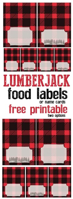 lumber printable food labels with red and black checkered plaid pattern on the front