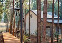 a wooden walkway leading to a small white building in the middle of some pine trees