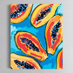 an acrylic painting of papaya slices on a blue and yellow background with black speckles