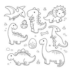 dinosaurs with different shapes and sizes are shown in this black and white coloring page