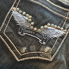 Never Worn Robin’s Jeans With Turquoise Stones On Back Pockets. Fitted Jeans With Pockets For Rodeo, Vintage Denim Jeans For Rodeo, Rocky Mountain Jeans Vintage, Robin Jeans, Buckskin Babes Jeans, Turquoise Stone, Stone Color, Wide Leg, Women Jeans