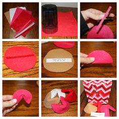 the steps to make a heart - shaped card board with felt and glue are shown