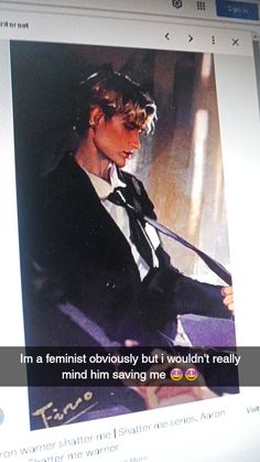 an image of a woman in a suit and tie on the computer screen with text that reads, i'm a feminist obtusity but i wouldn't really really really mind saving me