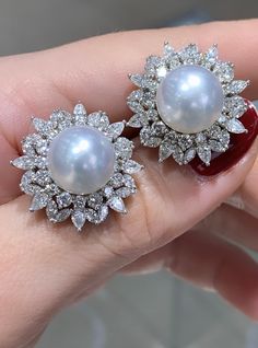 Center South Sea Pearls 11.5mm Amazing Lustrous. Diamonds: 2.53ctw surrounds like a garland Estimated production time is 4 - 5 weeks Fine Pearl Jewelry, South Sea Pearls Earrings, Jewelry Ear, Pearl Jewelry Design, Stylish Earrings, Aquamarine Ring, Sea Pearl, Pearl Earring, Jewelry Lookbook