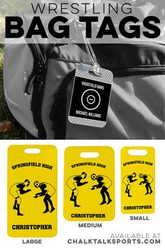 luggage tags with the words wrestling bag tags and an image of a man holding a baseball bat