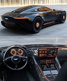 the inside and outside view of a black sports car with orange lights on it's dashboard