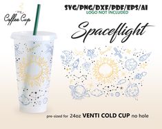 a cup with a straw in it and the words spaceflight printed on it, next to an image of planets