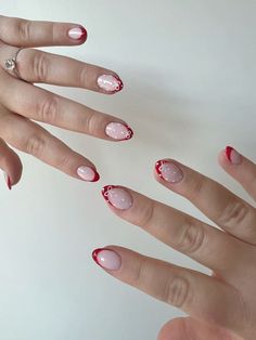 Cute almond shaped Christmas nails! Red french tip nails with bow and polka dot details! Base “balance” by luminary Christmas Nails With Dots, Red Nails With Polka Dots, White French Tip Nails Christmas, White French Tips With Bows, Cute Almond Christmas Nails, Cute Red And White Nails, Christmas Polka Dot Nails, Christmas Nails Red French Tip