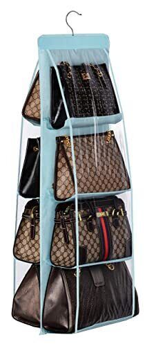 a rack with purses and handbags hanging from it's sides in front of a white background