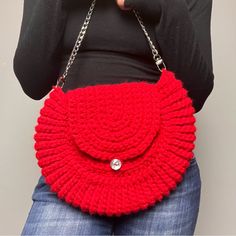 Unique And One Of A Kind Made Recently In The Usa Silver Shoulder Strap Accent Crystal Button For Closure Never Worn -Strap Drop Length 8” -11” Across -8” Deep Red Crochet Bag With Adjustable Strap, Trendy Red Crochet Bag, Handmade Red Crochet Crossbody Bag, Red Crochet Shoulder Bag For Everyday Use, Casual Red Crochet Bag With Adjustable Strap, Red Crochet Crossbody Bag With Adjustable Strap, Red Crochet Shoulder Bag With Adjustable Strap, Red Crochet Crossbody Bag For Everyday, Red Crochet Bag With Adjustable Strap For Everyday