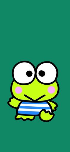 a green frog with big eyes and a striped shirt