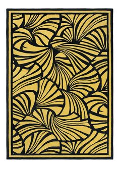 a yellow and black rug with an abstract design