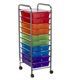 a multicolored drawer cart with six drawers on wheels and four plastic bins