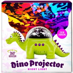 the dinosaur projector light is green with purple and yellow details on it's head