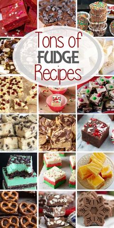 lots of different types of fudge desserts on display with text overlay that reads tons of fudge recipes