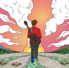 a man standing on top of a dirt road holding a guitar under a cloudy sky