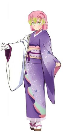 an anime character with pink hair wearing a purple kimono and holding a white bag