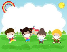 three children wearing face masks running in the grass with a house and rainbow in the background