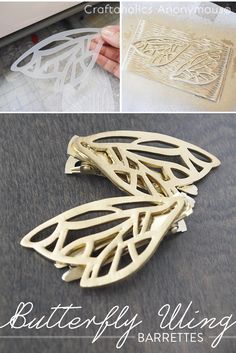 three pictures showing how to make butterfly wings with paper and glue on the back side