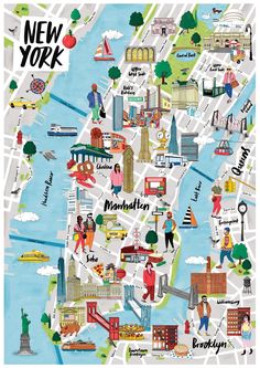 illustrated map of New York and Brooklyn New York City Map Illustration, Map Of Nyc Neighborhoods, Nyc Map Illustration, New York Tourist Map, New York Map Art, New York Map Aesthetic, New York Map Poster, New York Map Illustration, New York Maps