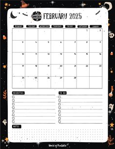 Get organized with this fun, spooky-themed February 2025 calendar! Perfect for those who love a touch of Halloween all year round, it features sections for your priorities, to-do list, and notes. This printable calendar is both playful and functional, ideal for planning your month in a unique way. Witchy Calendar, January Zodiac Sign, Free Printable Calendar Templates, Task Tracker, Creative Calendar