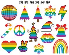 colorful christmas clipart set with peace, love, trees and rainbows in the background