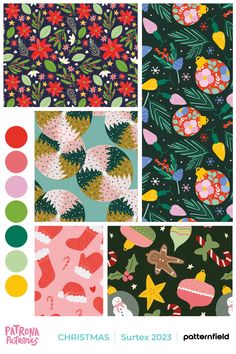 four different christmas patterns in various colors and sizes, including green, pink, red, yellow