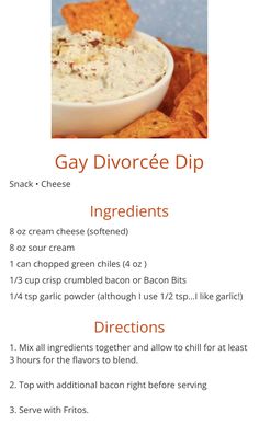 the ingredients for this dip are shown in an orange and white recipe box, including chips