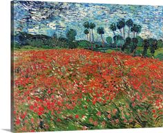 a field with red flowers and palm trees in the background by van goght canvas art print