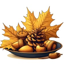 a bowl filled with acorns and leaves on top of a table