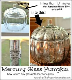 the glass pumpkin has been turned into a candle holder