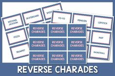 several blue and white labels with the words reverse charadess