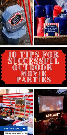 an outdoor movie party with red, white and blue decorations on the outside is featured in this collage