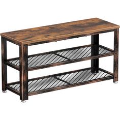 a wooden table with metal shelves on each side and an open shelf underneath the top