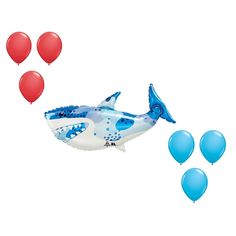 an inflatable shark balloon with red and blue balloons floating next to it on a white background