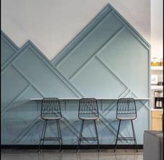 three bar stools in front of a blue wall with geometric designs on the walls