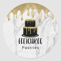 a round sticker with gold drips and a black cake on the bottom that says business name bakery