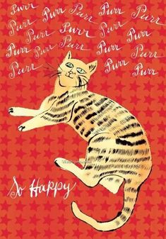 a cat is sitting on its hind legs with the words happy written in red and orange