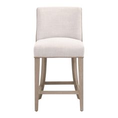 an upholstered bar stool with a beige fabric seat and backrest, viewed from the front