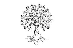 a black and white drawing of a tree with roots