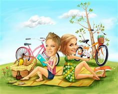 two women sitting on a blanket in the grass with bicycles and picnic items behind them