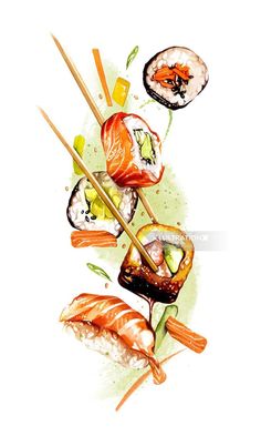 Fish Tikka food illustration Fish Food Art, Sushi Watercolor Painting, Foodie Illustration, Food Illustrations Watercolor, Biro Drawing, Manga Watercolor