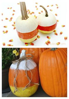 two pumpkins painted orange and white with candy corn on the bottom, and an image of