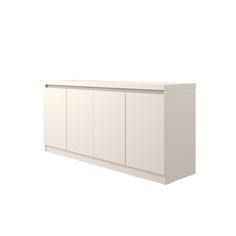 a white cabinet with doors and drawers on the front, against a white wall background