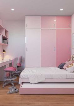 a child's bedroom with pink and white walls, built in shelving units