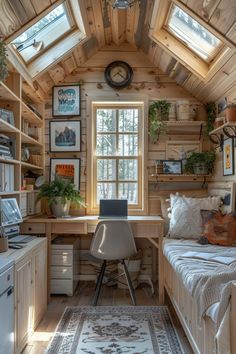 a bedroom with a bed, desk and shelves filled with books on the wall next to a window