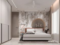 a modern bedroom with marble walls and flooring is pictured in this artist's rendering