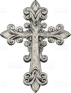 an ornate cross with swirls and scrolls on the sides, in black and white