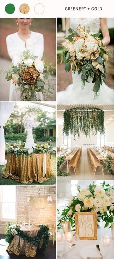 the wedding color scheme is gold and green